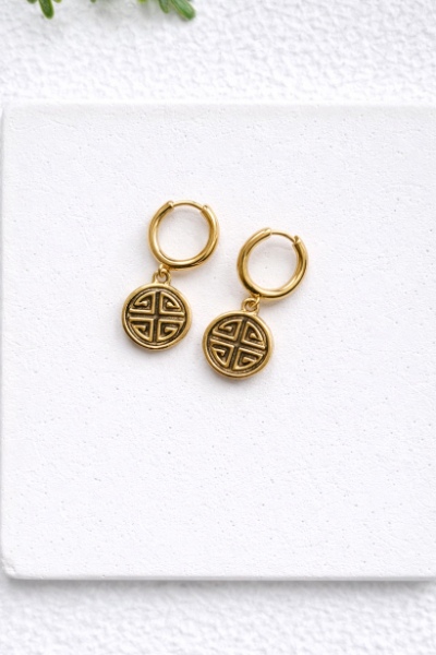 Dainty Gold Hoop Earrings with Round Charm - PD419